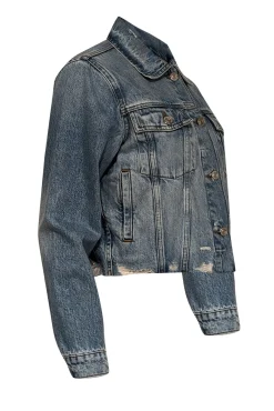 Frame - Light Wash Distressed Cropped Denim Jacket Sz XS