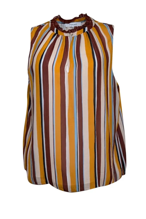 Frame - Orange, Beige, & Burgundy Striped Silk Sleeveless Top Sz M
