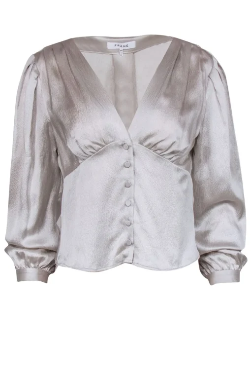 Frame - Silver Silk Blouse w/ Deep V-Neckline & Front Button Close Sz S