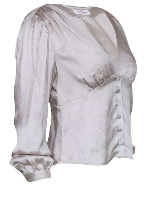 Frame - Silver Silk Blouse w/ Deep V-Neckline & Front Button Close Sz S