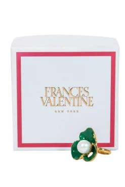 Frances Valentine - Gold Ring w/ Green Flower & Pearl Sz 7