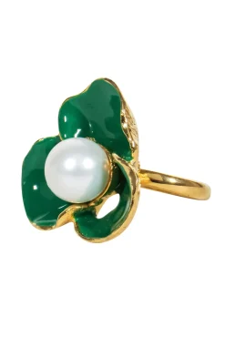 Frances Valentine - Gold Ring w/ Green Flower & Pearl Sz 7