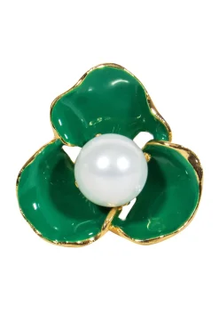Frances Valentine - Gold Ring w/ Green Flower & Pearl Sz 7