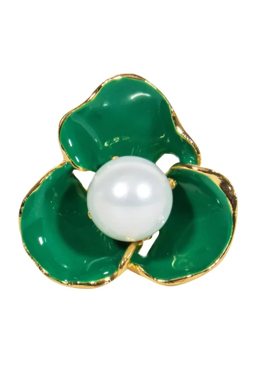 Frances Valentine - Gold Ring w/ Green Flower & Pearl Sz 7