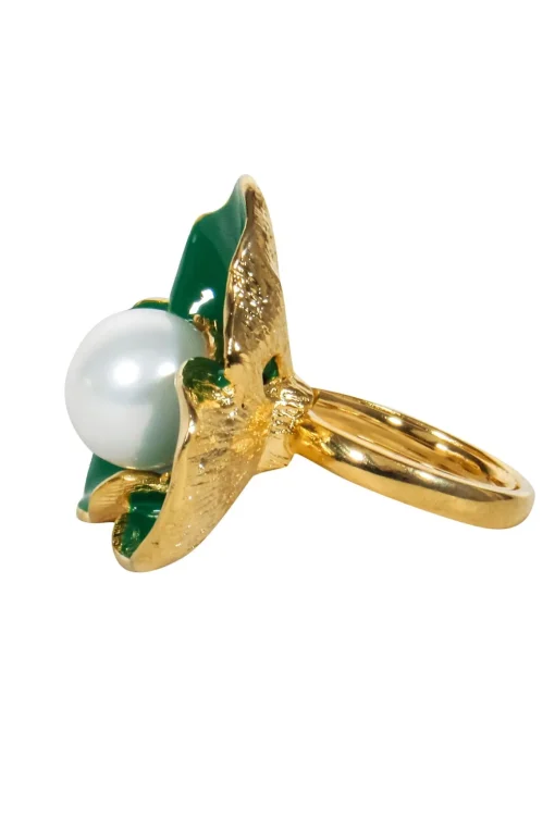 Frances Valentine - Gold Ring w/ Green Flower & Pearl Sz 7
