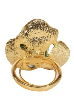 Frances Valentine - Gold Ring w/ Green Flower & Pearl Sz 7
