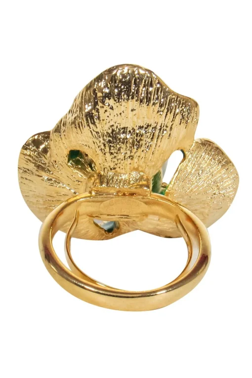Frances Valentine - Gold Ring w/ Green Flower & Pearl Sz 7