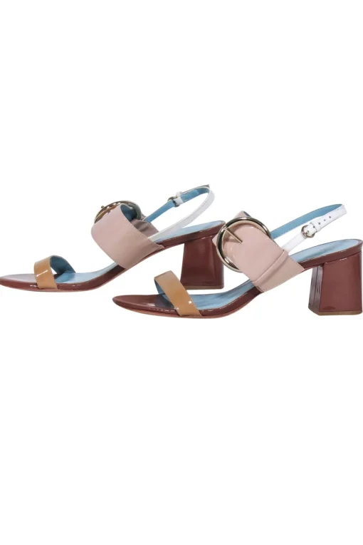 Frances Valentine - Tan, Beige, & Brown Patent Leather Strappy Sandals Sz 7.5