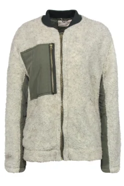 Free People - Beige Faux Sherpa Zip-Up Jacket w/ Olive Trim Sz S