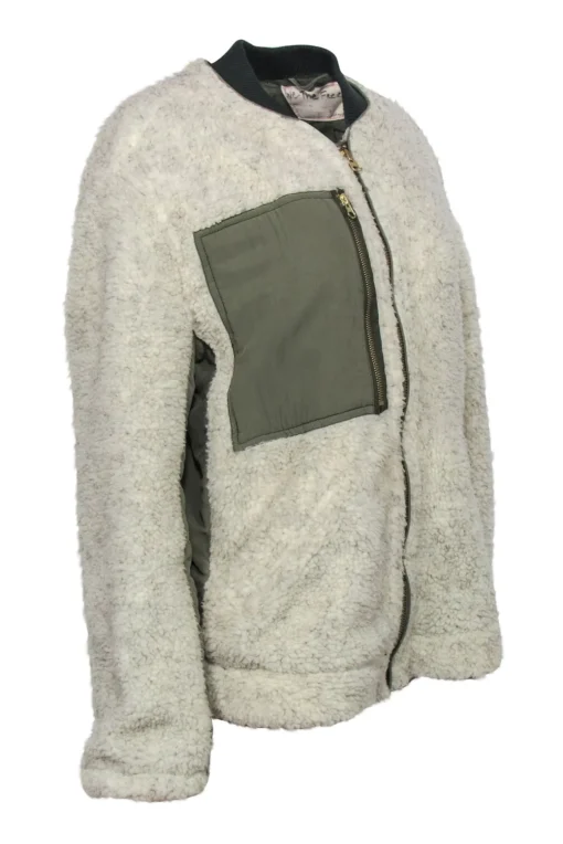 Free People - Beige Faux Sherpa Zip-Up Jacket w/ Olive Trim Sz S