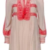 Free People - Beige, Red & White Embroidered Shift Dress w/ Tassels Sz XS