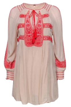 Free People - Beige, Red & White Embroidered Shift Dress w/ Tassels Sz XS