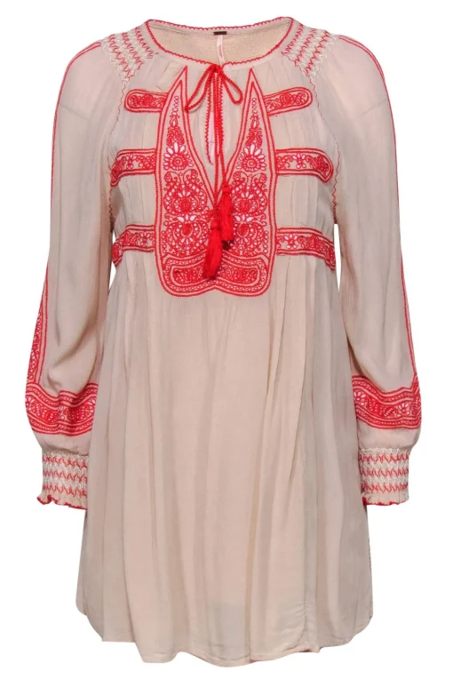 Free People - Beige, Red & White Embroidered Shift Dress w/ Tassels Sz XS