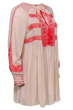 Free People - Beige, Red & White Embroidered Shift Dress w/ Tassels Sz XS