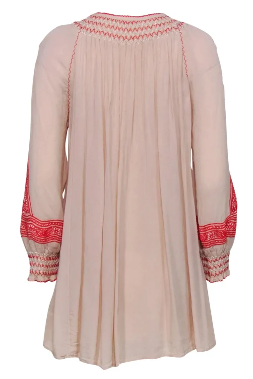 Free People - Beige, Red & White Embroidered Shift Dress w/ Tassels Sz XS