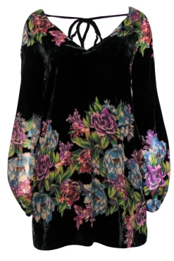 Free People - Black & Multicolored Velvet Floral Print Shift Dress Sz XS