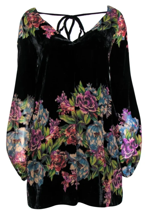 Free People - Black & Multicolored Velvet Floral Print Shift Dress Sz XS