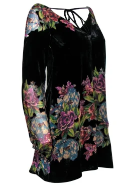Free People - Black & Multicolored Velvet Floral Print Shift Dress Sz XS