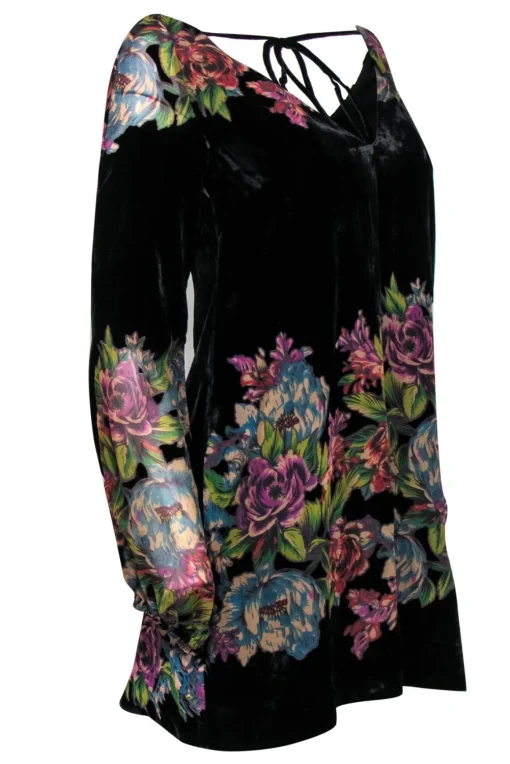 Free People - Black & Multicolored Velvet Floral Print Shift Dress Sz XS