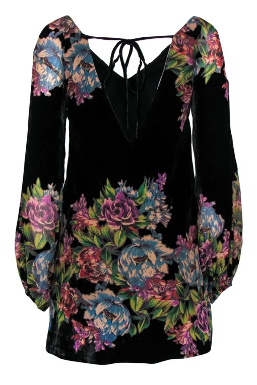 Free People - Black & Multicolored Velvet Floral Print Shift Dress Sz XS