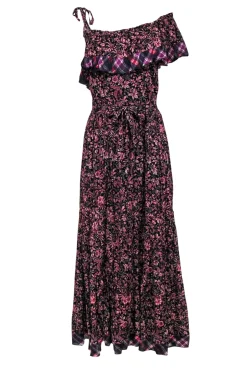 Free People - Black & Pink Floral Print Belted Maxi Dress w/ Plaid Trim Sz S