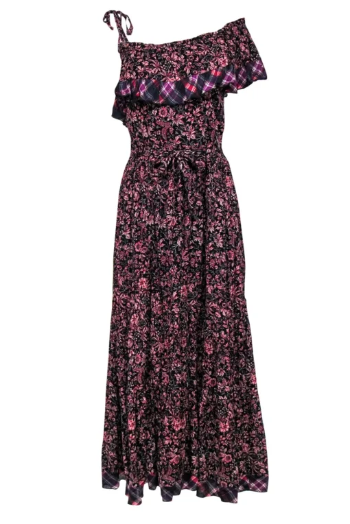 Free People - Black & Pink Floral Print Belted Maxi Dress w/ Plaid Trim Sz S