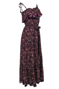Free People - Black & Pink Floral Print Belted Maxi Dress w/ Plaid Trim Sz S