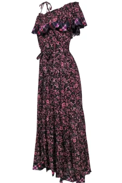 Free People - Black & Pink Floral Print Belted Maxi Dress w/ Plaid Trim Sz S