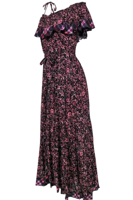 Free People - Black & Pink Floral Print Belted Maxi Dress w/ Plaid Trim Sz S