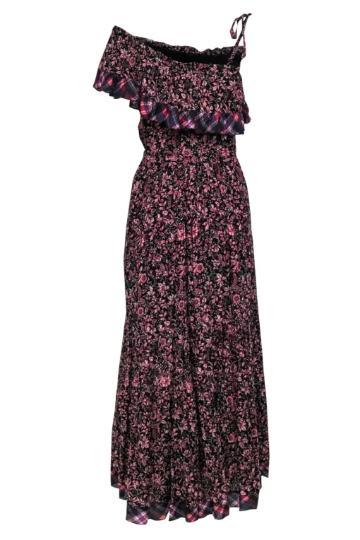 Free People - Black & Pink Floral Print Belted Maxi Dress w/ Plaid Trim Sz S