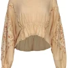 Free People - Cream Cotton Long Sleeve Top w/ Floral Quilted Accents Sz XS