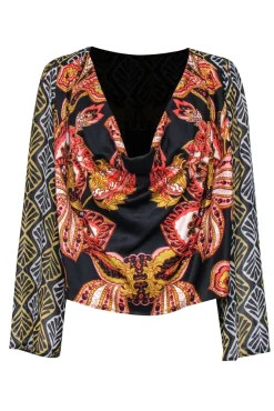 Free People - Mixed Print Black Long Sleeve Blouse Sz XS