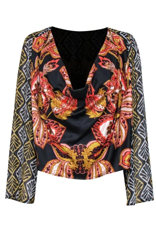 Free People - Mixed Print Black Long Sleeve Blouse Sz XS