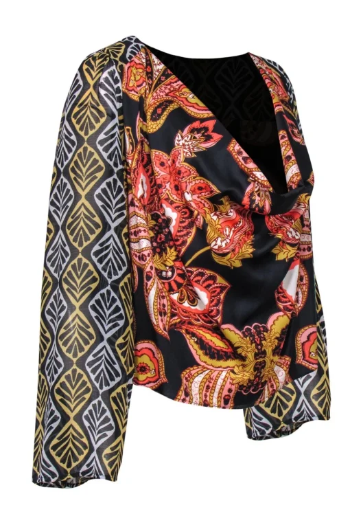 Free People - Mixed Print Black Long Sleeve Blouse Sz XS