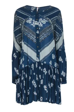 Free People - Navy Floral Printed Button-Front Shift Dress Sz S