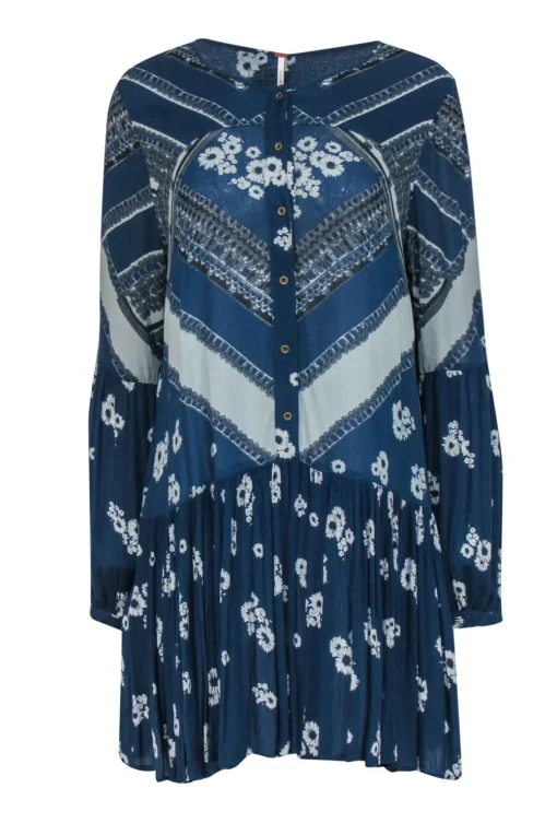 Free People - Navy Floral Printed Button-Front Shift Dress Sz S