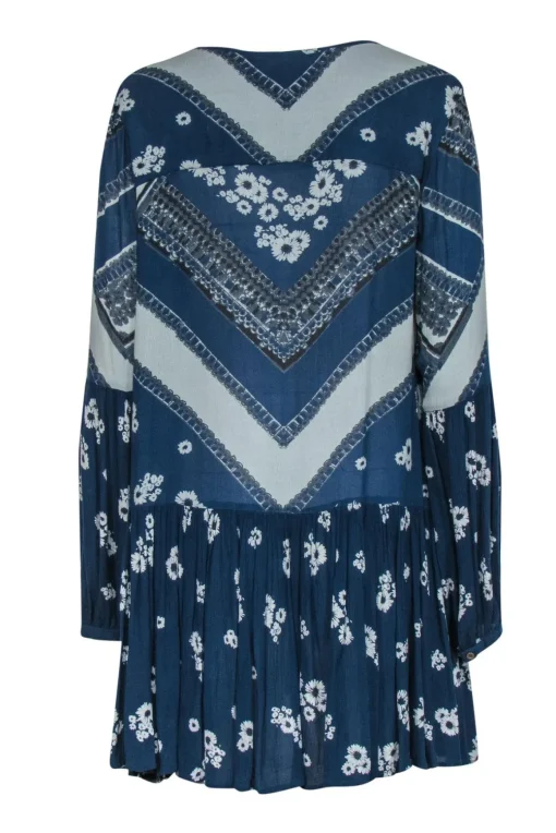 Free People - Navy Floral Printed Button-Front Shift Dress Sz S