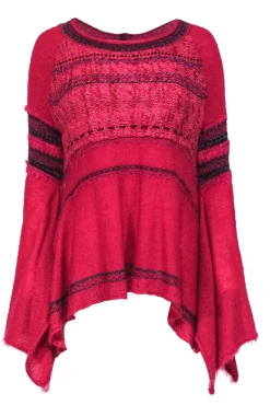 Free People - Raspberry Pink & Purple Textured Knit Frayed Bell Sleeve Sweater Sz XS
