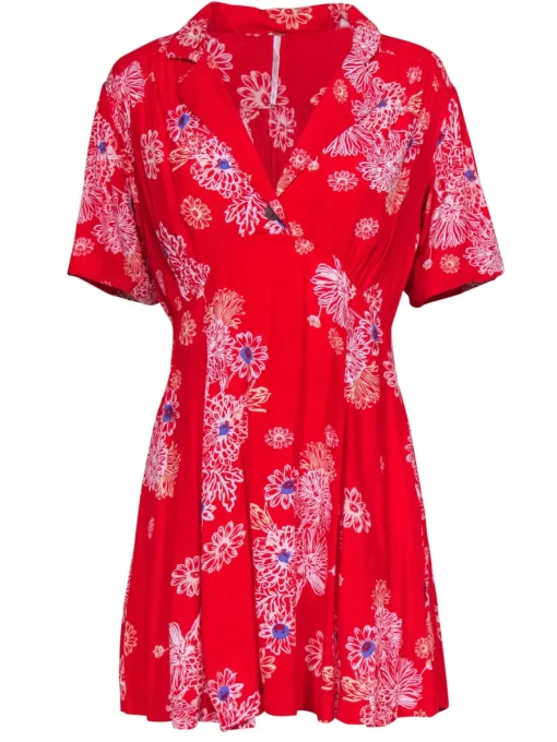 Free People - Red Floral Short Sleeved Mini Dress Sz S