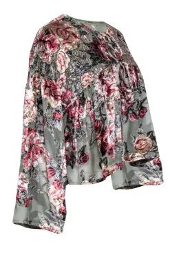 Free People - Sage Green & Mauve Floral Print Velvet Tie Front Top Sz XS