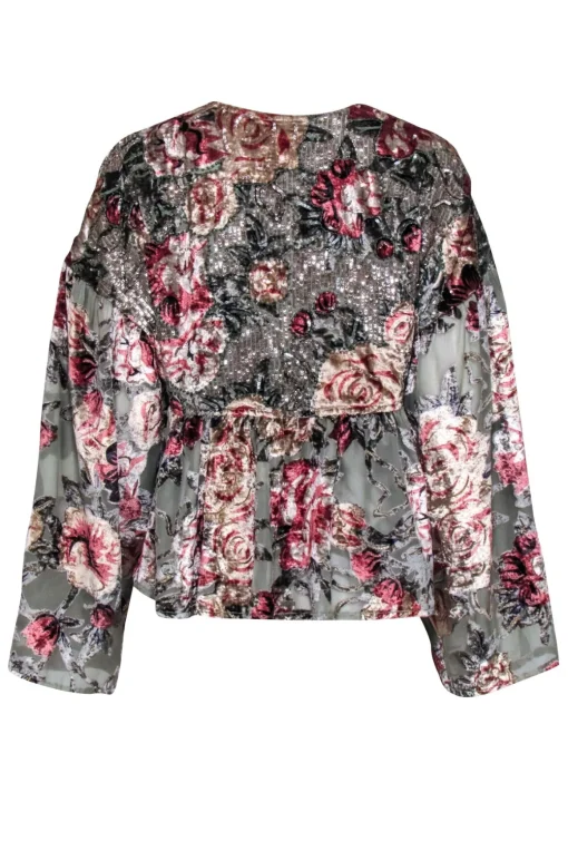 Free People - Sage Green & Mauve Floral Print Velvet Tie Front Top Sz XS