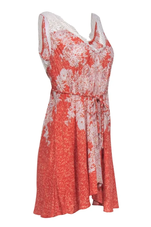 Free People Intimately - Orange & Ivory V-Neck Dress w/ Lace Detail Sz XS