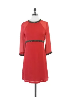 French Connection - Coral Silk & Bead Detail Dress Sz 4