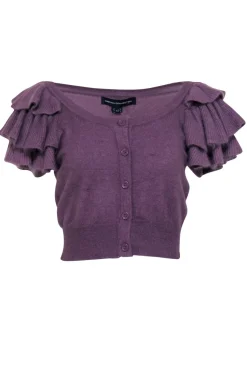 French Connection - Purple Button-Up Ruffle Short Sleeve Cropped Cardigan Sz XS