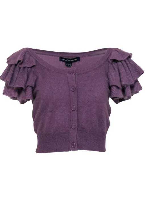 French Connection - Purple Button-Up Ruffle Short Sleeve Cropped Cardigan Sz XS