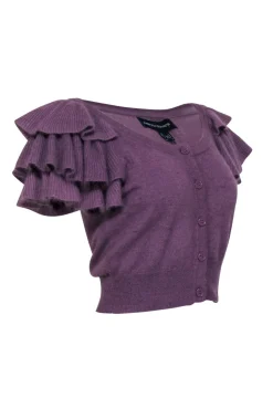 French Connection - Purple Button-Up Ruffle Short Sleeve Cropped Cardigan Sz XS