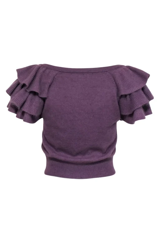 French Connection - Purple Button-Up Ruffle Short Sleeve Cropped Cardigan Sz XS
