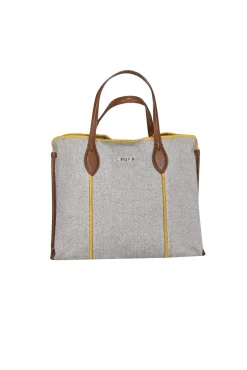 Furla - Beige & Black Blend Handbag w/ Yellow Trim & Tan Leather Details