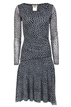Fuzzi - Black & White Polka Dot Midi Dress w/ Ruching Sz S