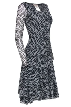 Fuzzi - Black & White Polka Dot Midi Dress w/ Ruching Sz S